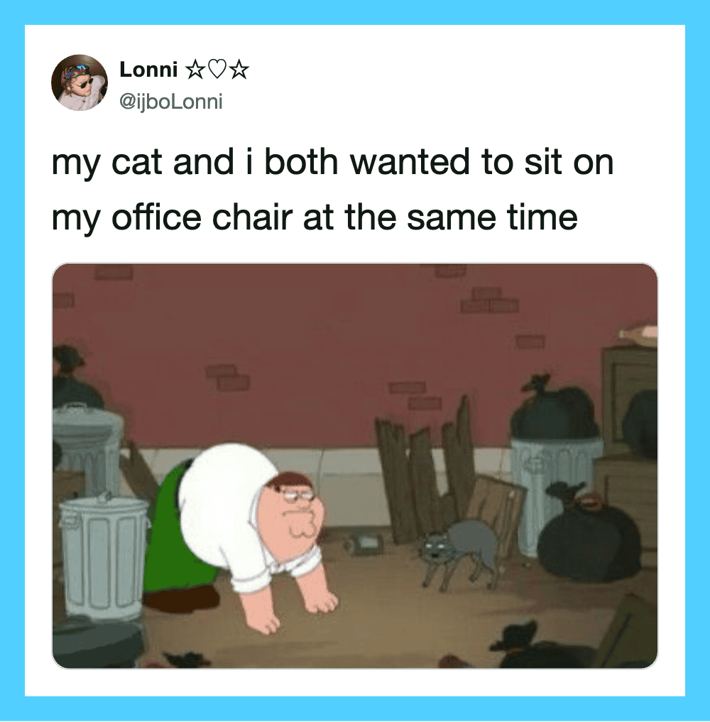 Cartoon of a man and a cat sitting on the floor in a messy room.