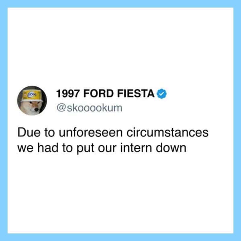 Tweet from 1997 Ford Fiesta about putting intern down due to unforeseen circumstances.
