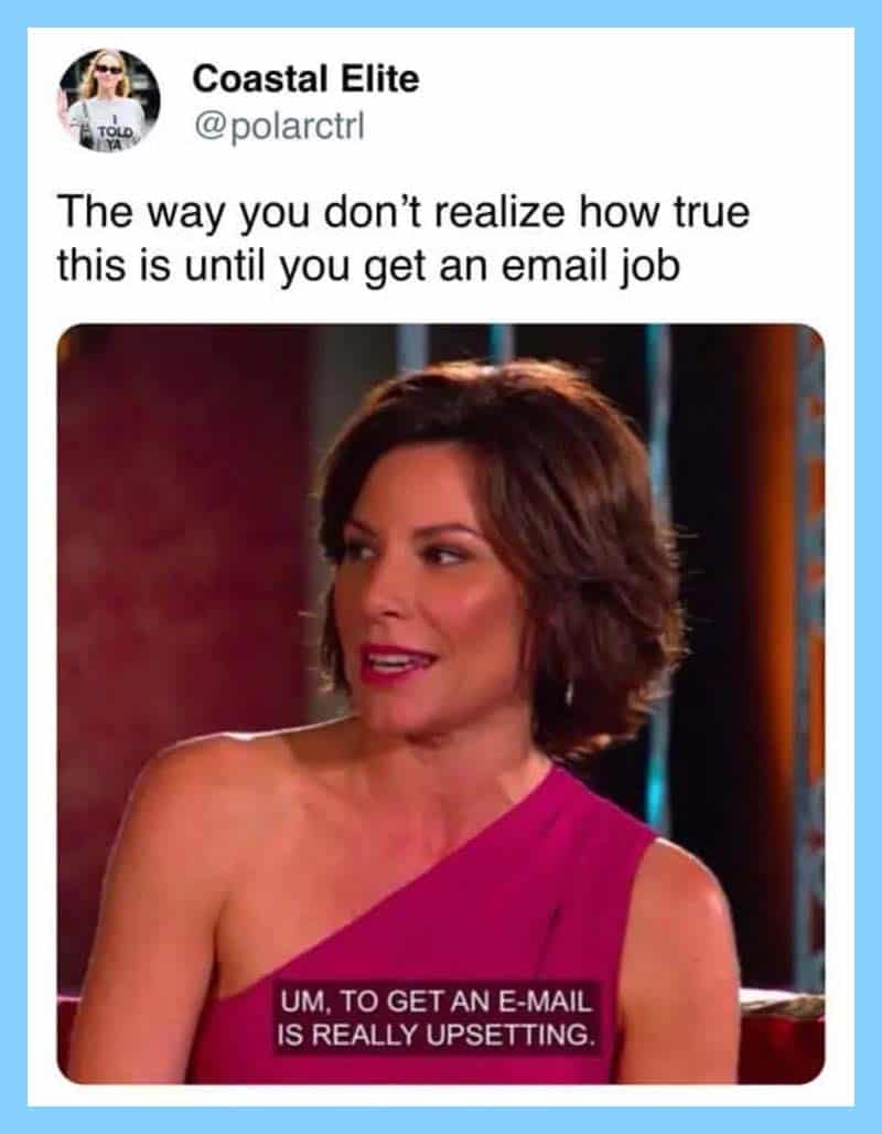 Coastal Elite tweet about email jobs with a woman in a pink top saying 'Um, to get an e-mail is real.