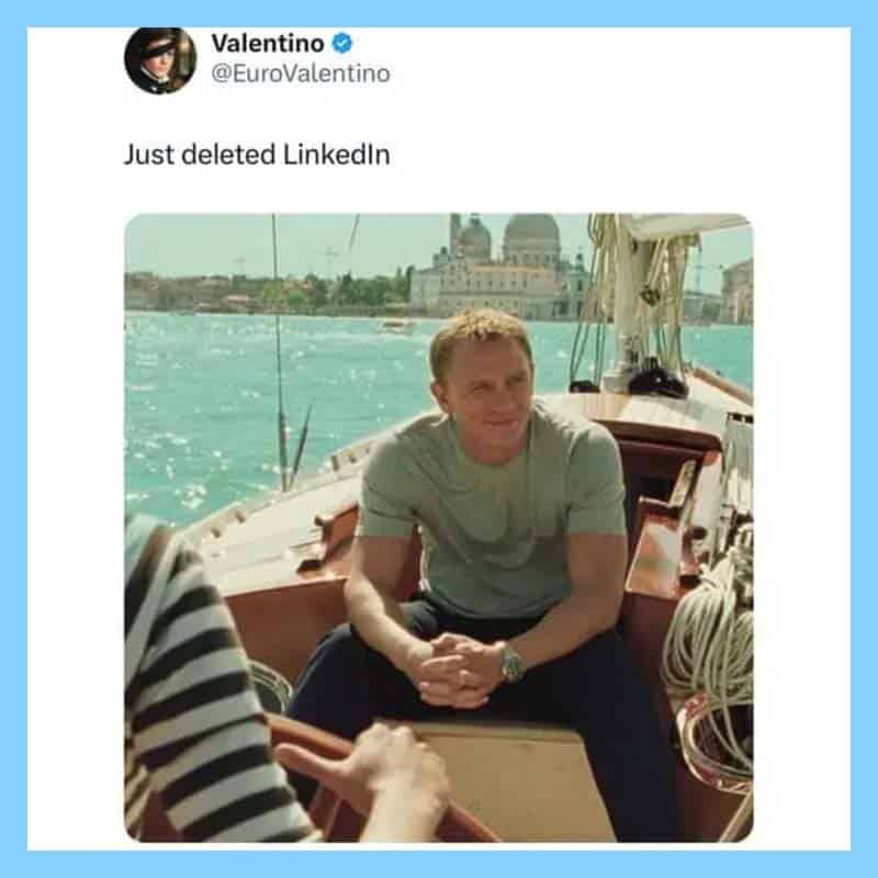 Valentino's tweet about deleting LinkedIn with a photo of him on a boat.