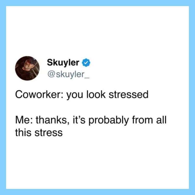 Skyler's tweet about stress and looking stressed at work.