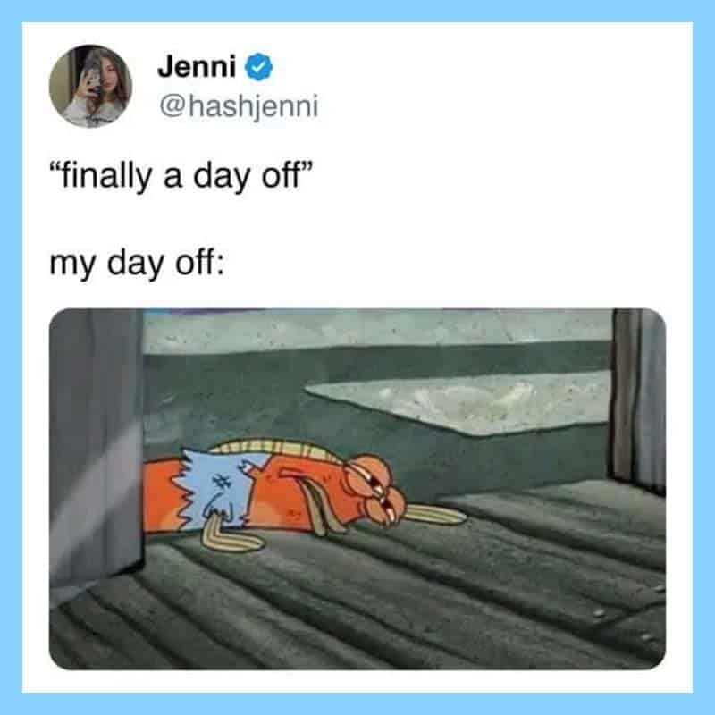 SpongeBob lying on the floor with a tired expression, under a table.