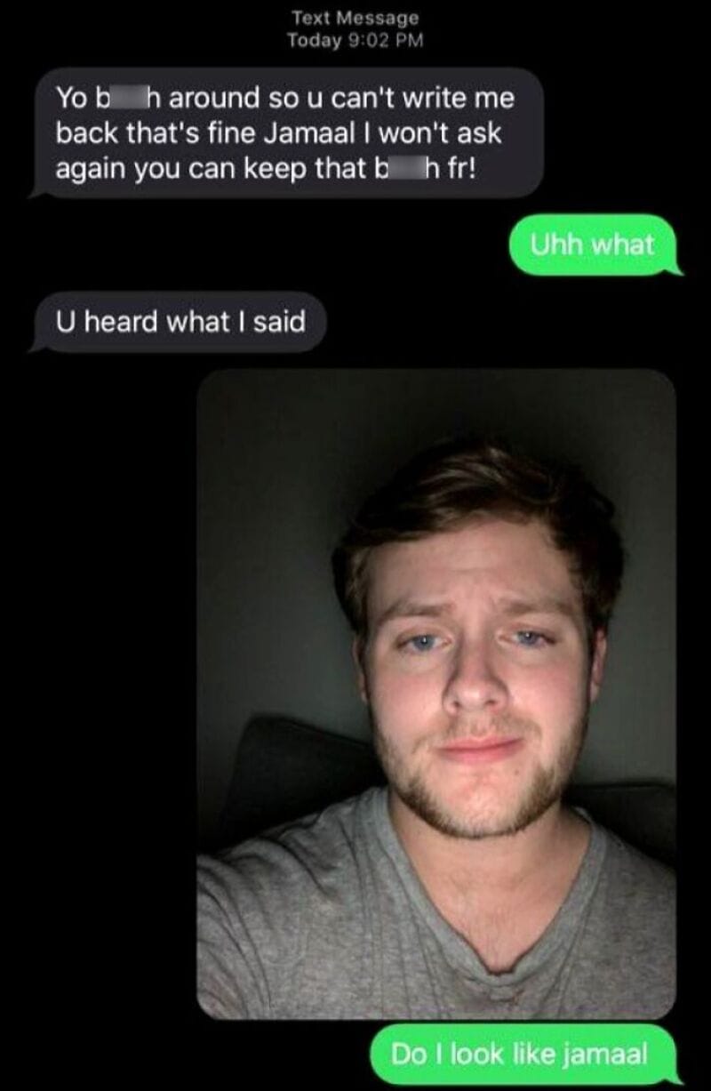 Text message exchange with a photo of a young man making a confused face.