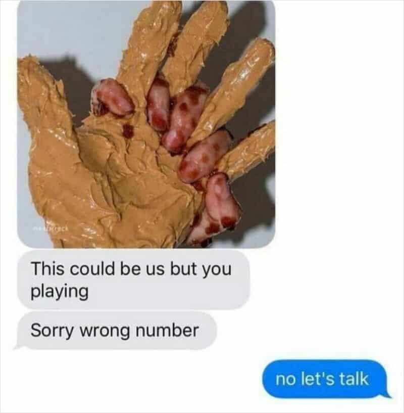 A hand made of peanut butter with jelly beans as fingers, with a text message conversation.