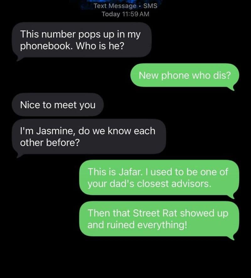 Text message conversation about a phone number and a person named Jasmine.