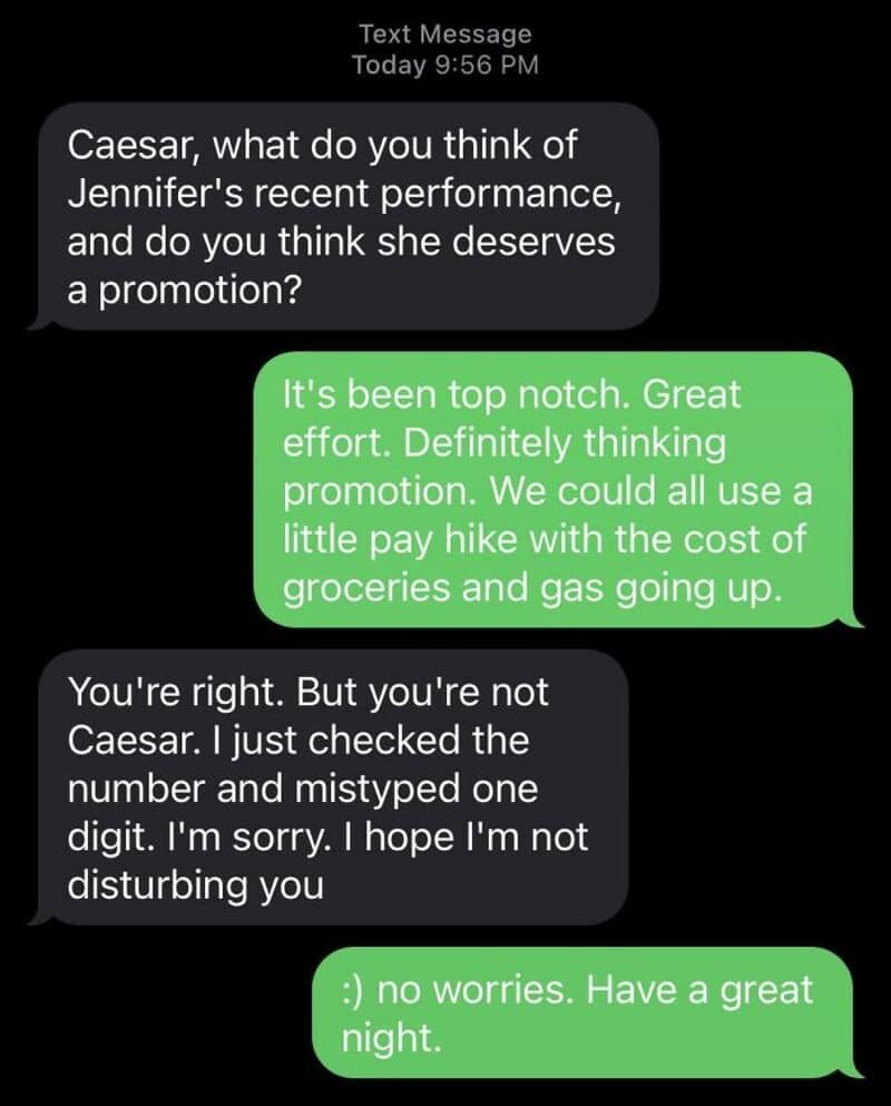 Text message exchange about Caesar and Jennifer's performance and promotion.