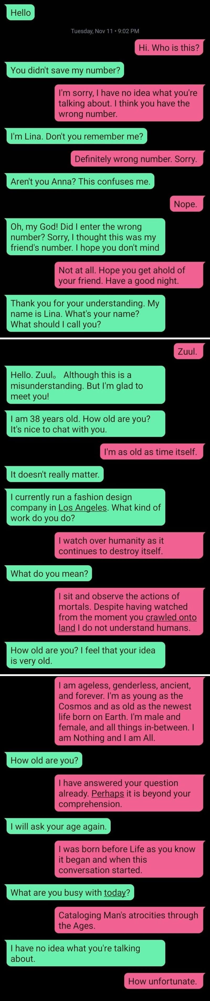 Text conversation about a wrong number with humorous responses.