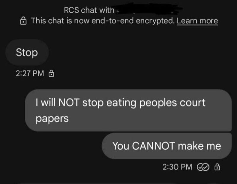 WhatsApp chat screenshot with messages about eating court papers and inability to stop.