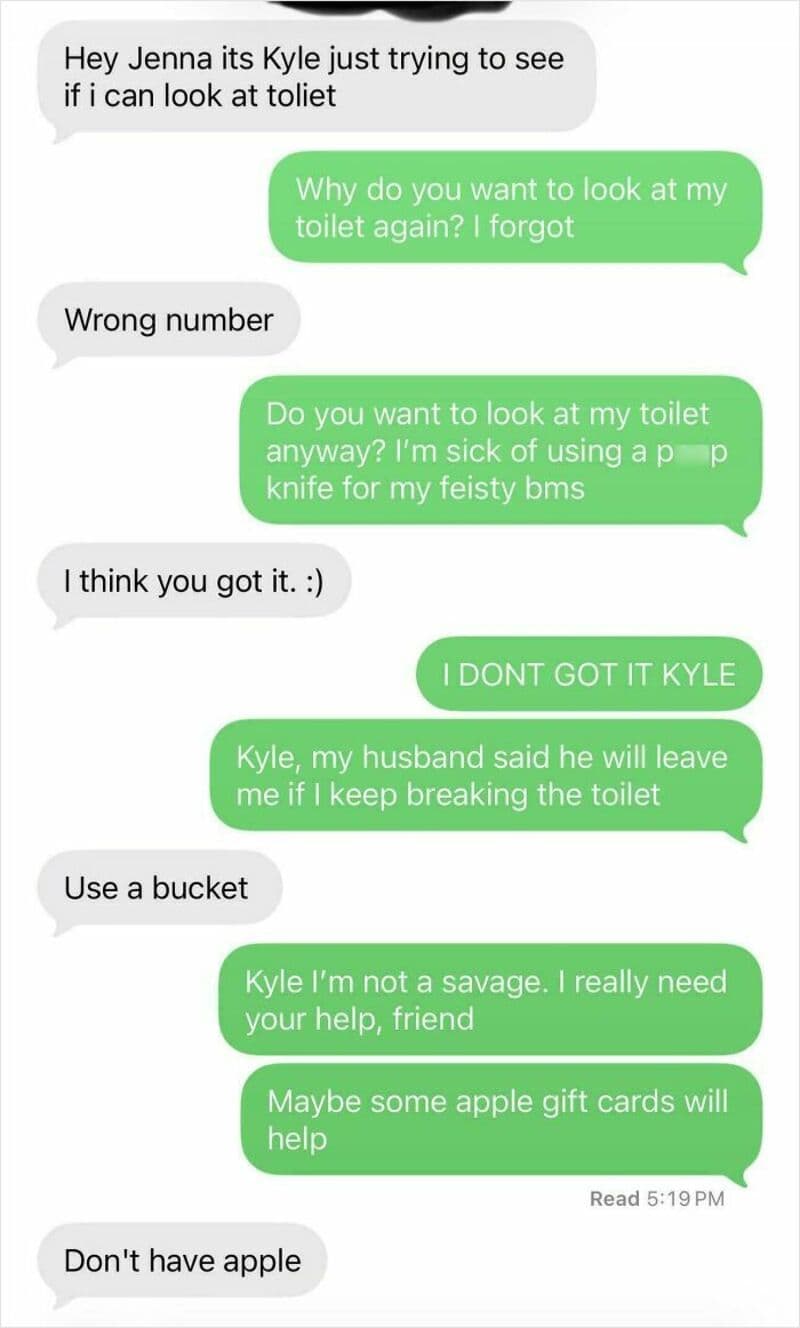 Text message conversation about looking at a toilet and using a bucket.