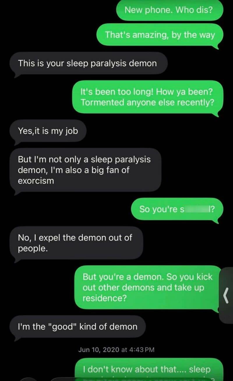 Text conversation about sleep paralysis demon and exorcism with humorous twist.