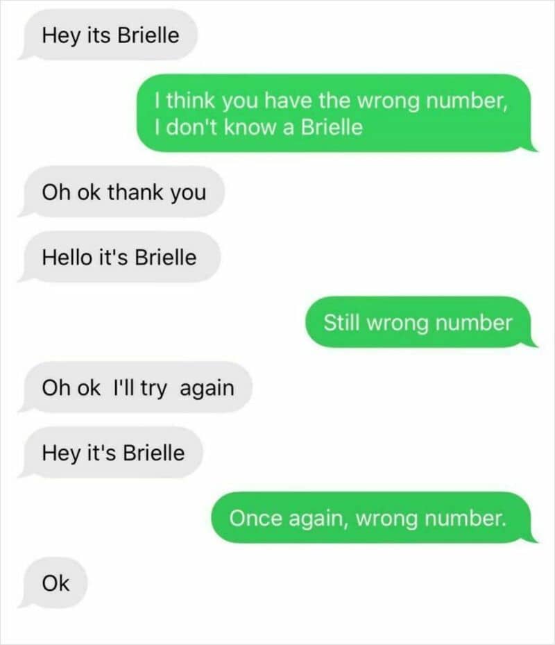 Text conversation about wrong number, repeatedly calling the person Brielle.
