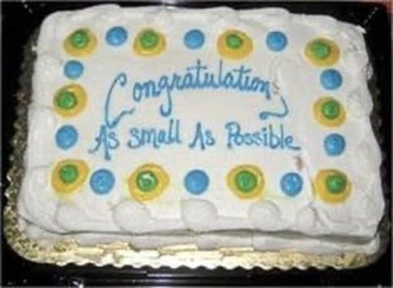Congratulations As small As Possible cake with blue and yellow decorations.