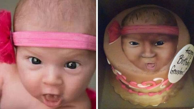 Two baby photos: left with pink headband, wide-eyed expression; right with cake decorating and baby.