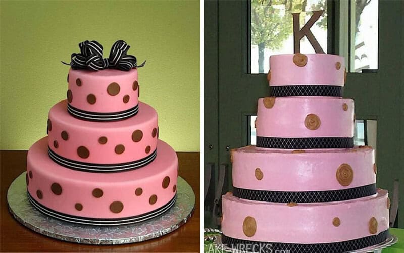 Pink fondant cake with three tiers, brown polka dots, black ribbon, and a bow topper.