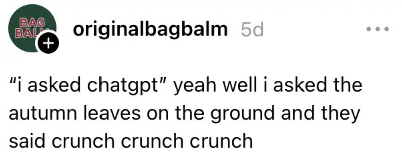 I asked chatgpt yeah well i asked the autumn leaves on the ground and they said crunch crunch crunch.