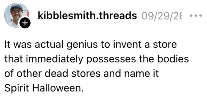 Graphic quote about inventing a store that possesses bodies of other dead stores and naming it 'Spir.