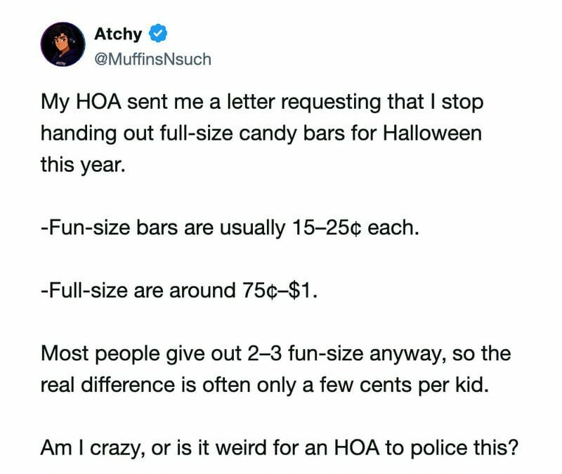Letter from HOA requesting stop handing out full-size candy bars for Halloween.
