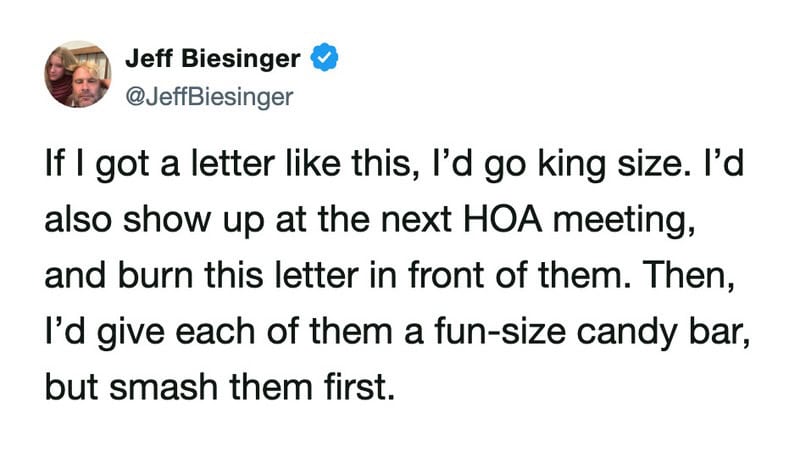 Jeff Biesinger's tweet about burning a letter and giving candy bars at HOA meeting.