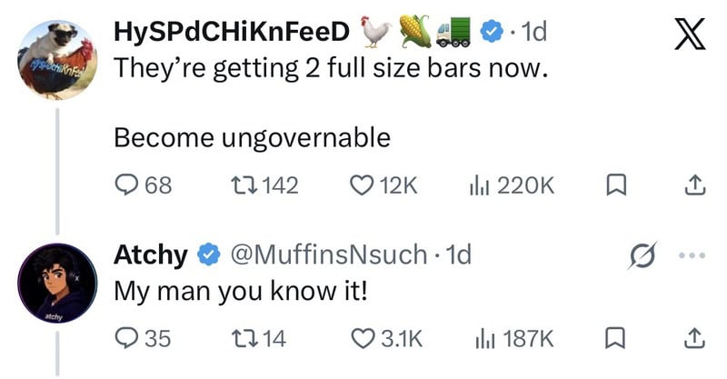 Screenshot of Twitter conversation about full-size bars and a meme.
