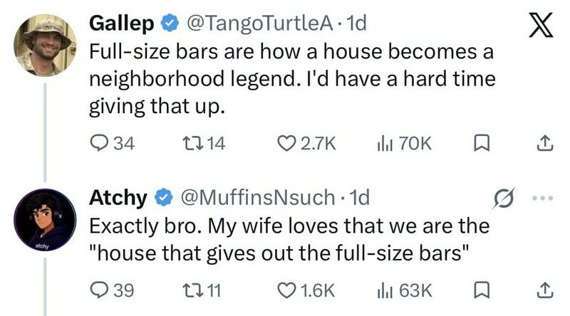 Two tweets about full-size bars and neighborhood legends.