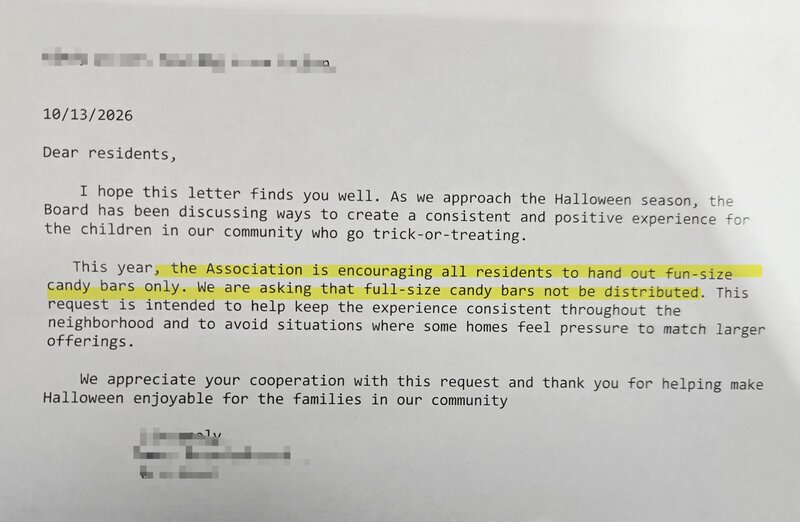 Letter about Halloween candy and full-size candy bars, encouraging residents to donate.