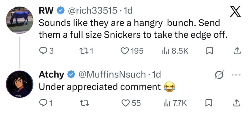 Screenshot of two tweets discussing a group of dogs and Snickers bars.
