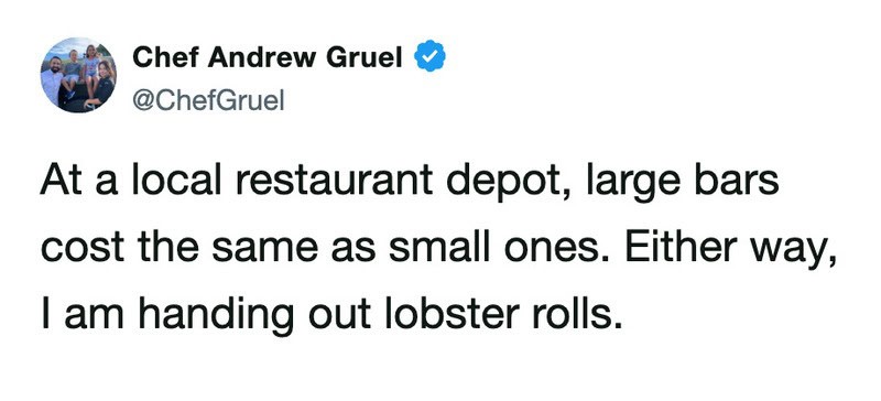 Chef Andrew Gruel's tweet about lobster rolls at a restaurant depot.