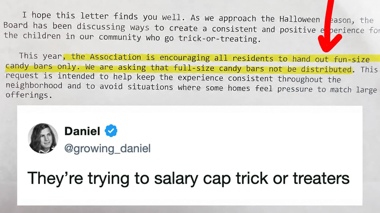 Letter from HOA about Halloween candy, encouraging full-size candy bars only.