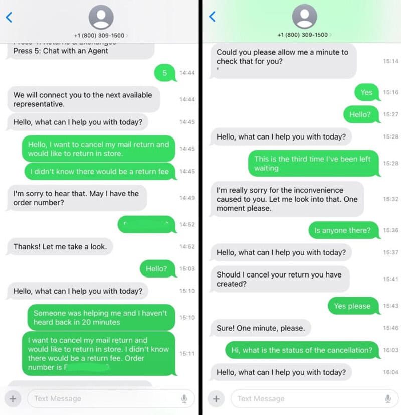 Chat support conversation about canceling a mail return and refund.
