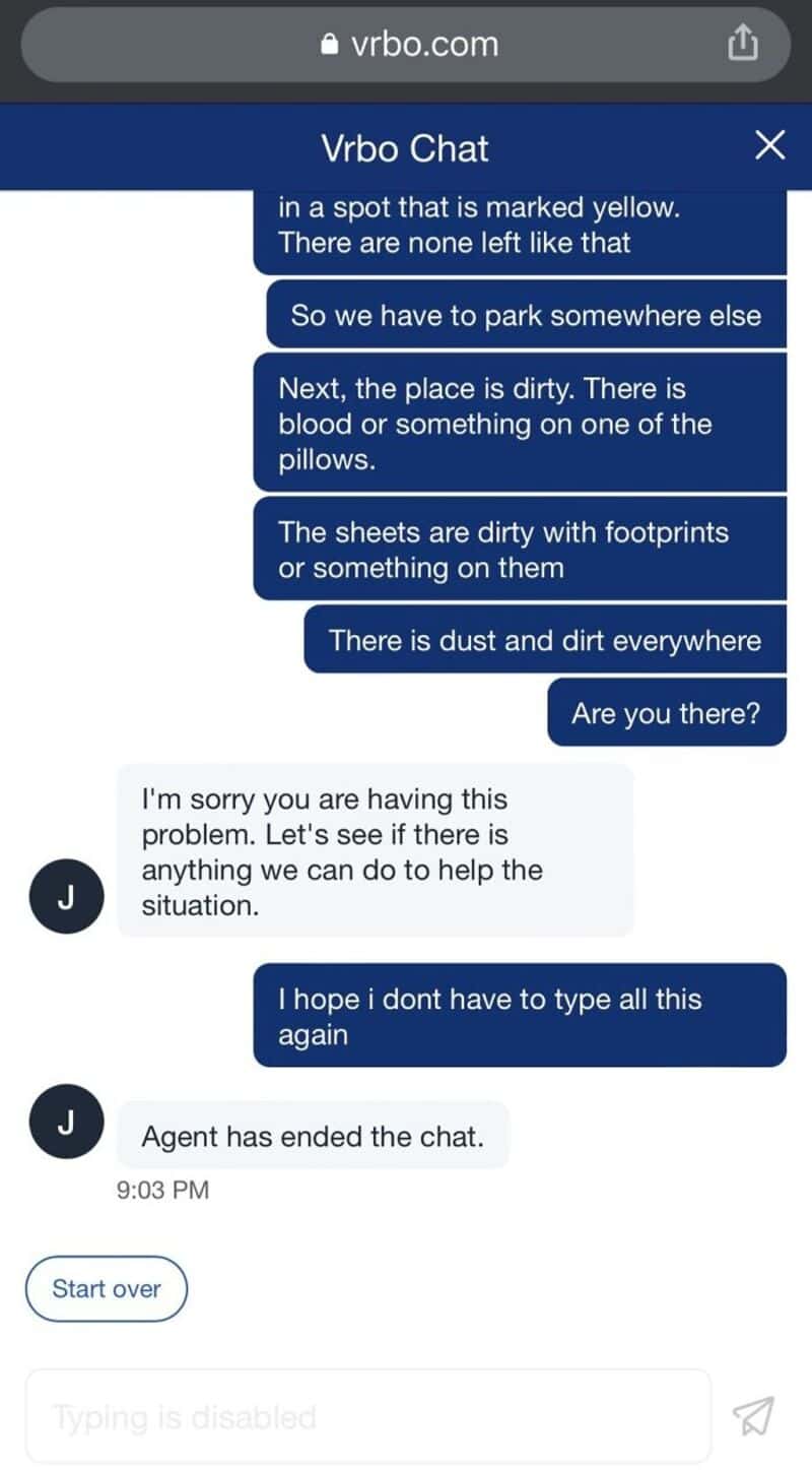 Chat conversation about parking, dirt, and dust issues with agent ending chat.