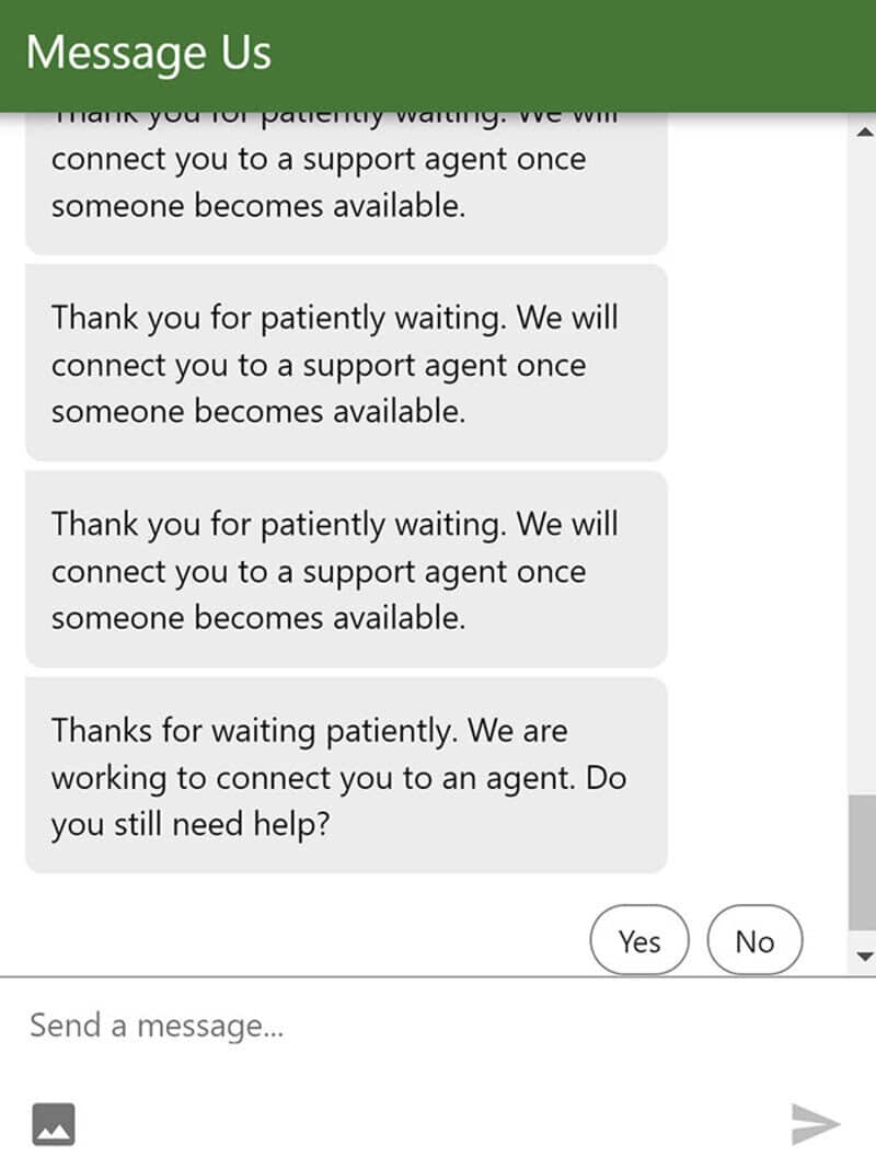 Support chat with repeated 'Thank you for patiently waiting' messages and 'Yes' and 'No' buttons.