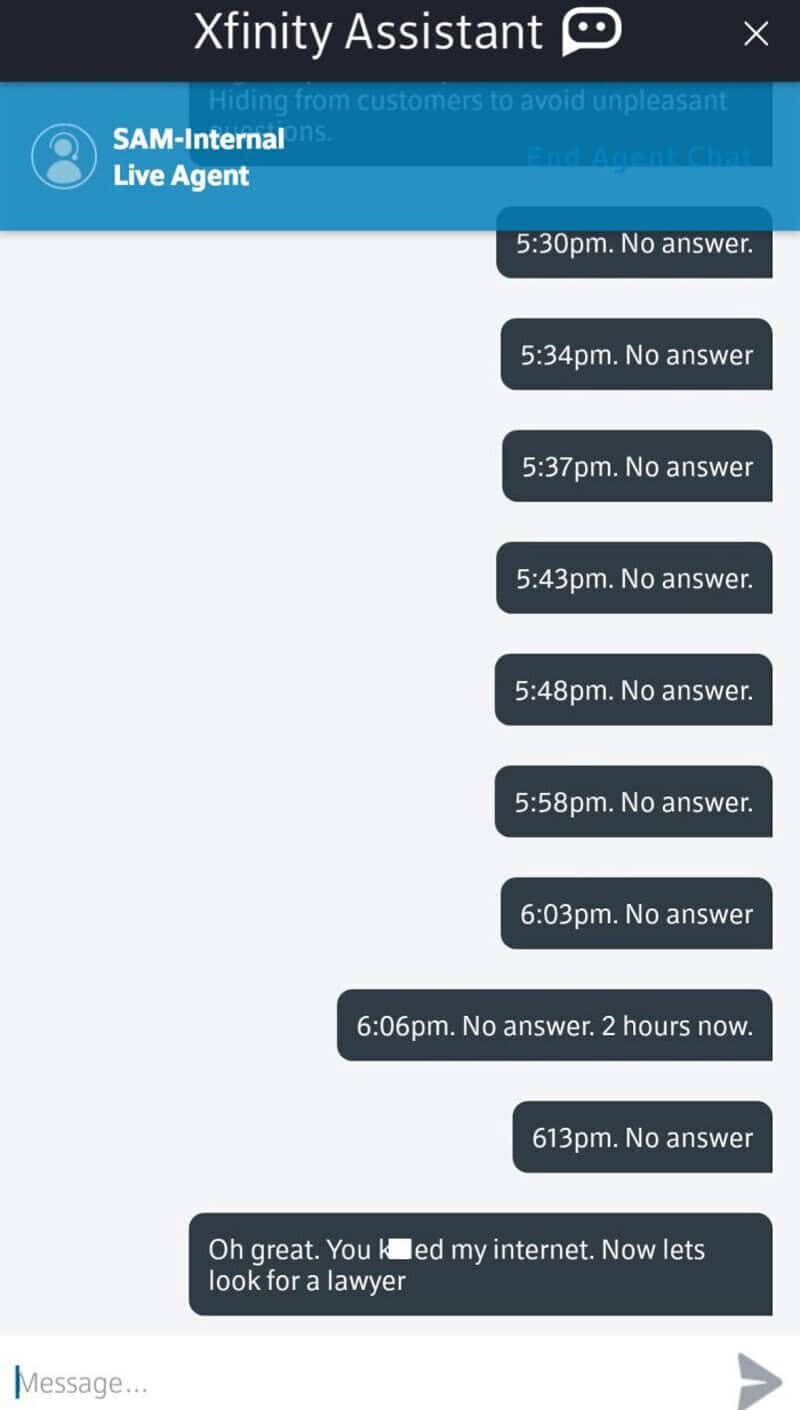 Chat support showing multiple 'No answer' messages from 5:30pm to 6:13pm.