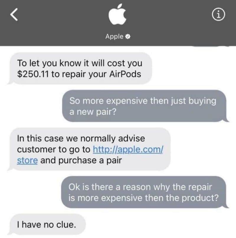 Chat support conversation about AirPod repair costs and advice.