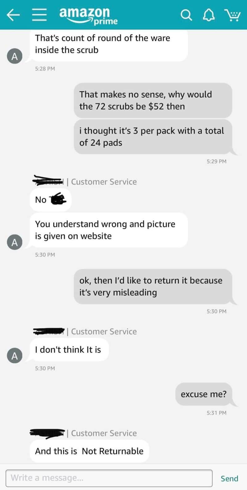 Chat support conversation about return policy and product pricing.