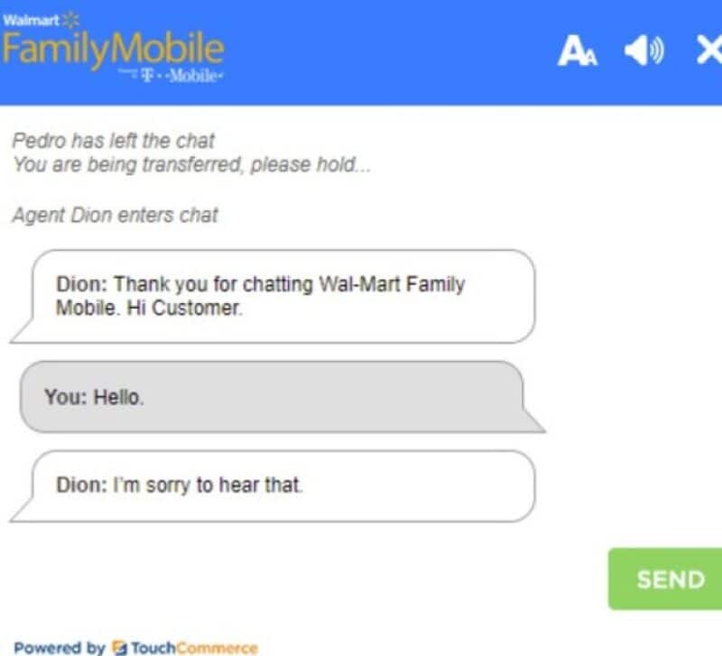 Customer says hello; agent thanks for chatting Wal-Mart Family Mobile.