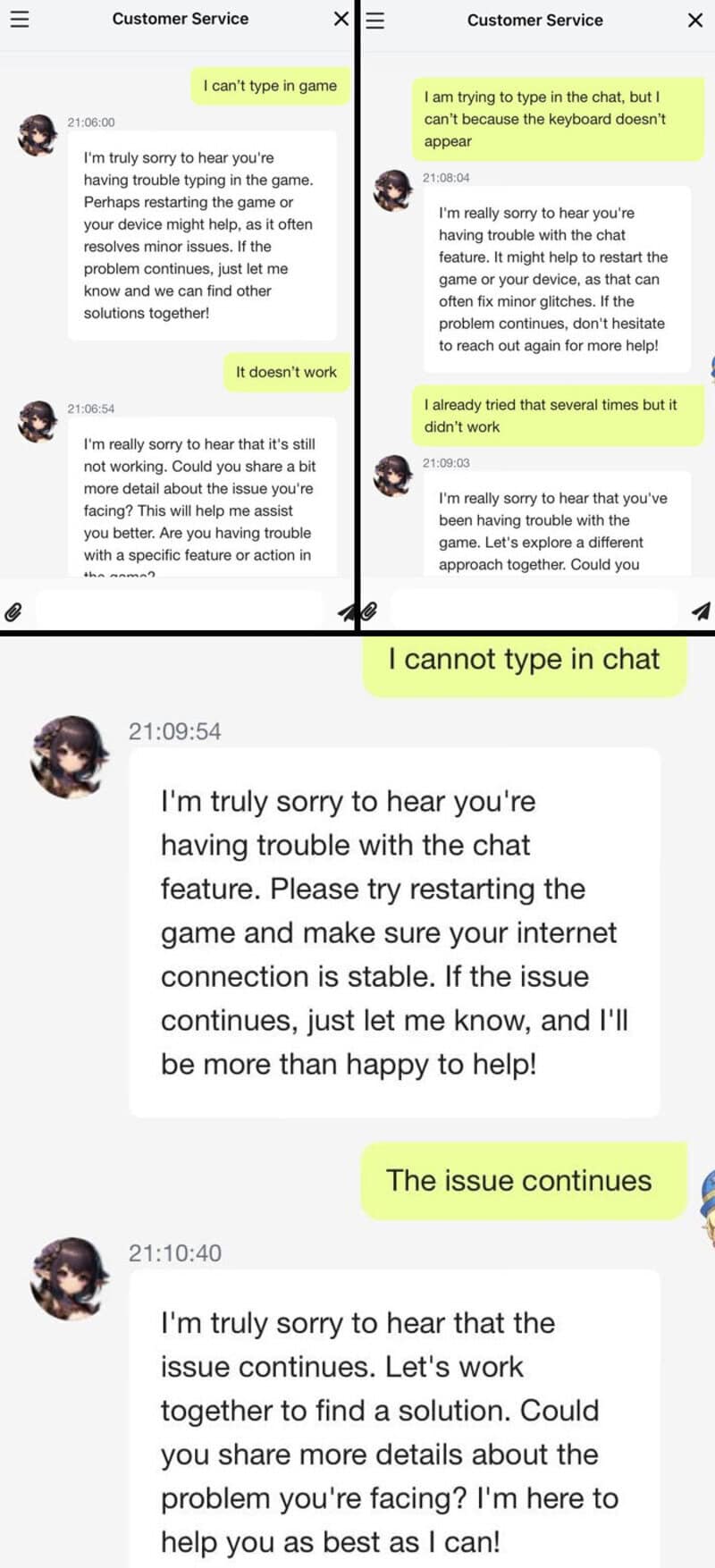 Customer support chat with troubleshooting advice and ongoing issue.