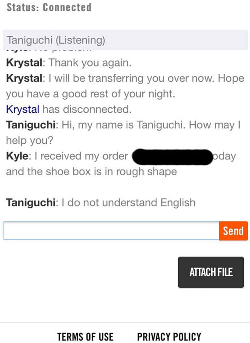 Chat support conversation with Taniguchi, Krystal, and Kyle about transfer and order issues.