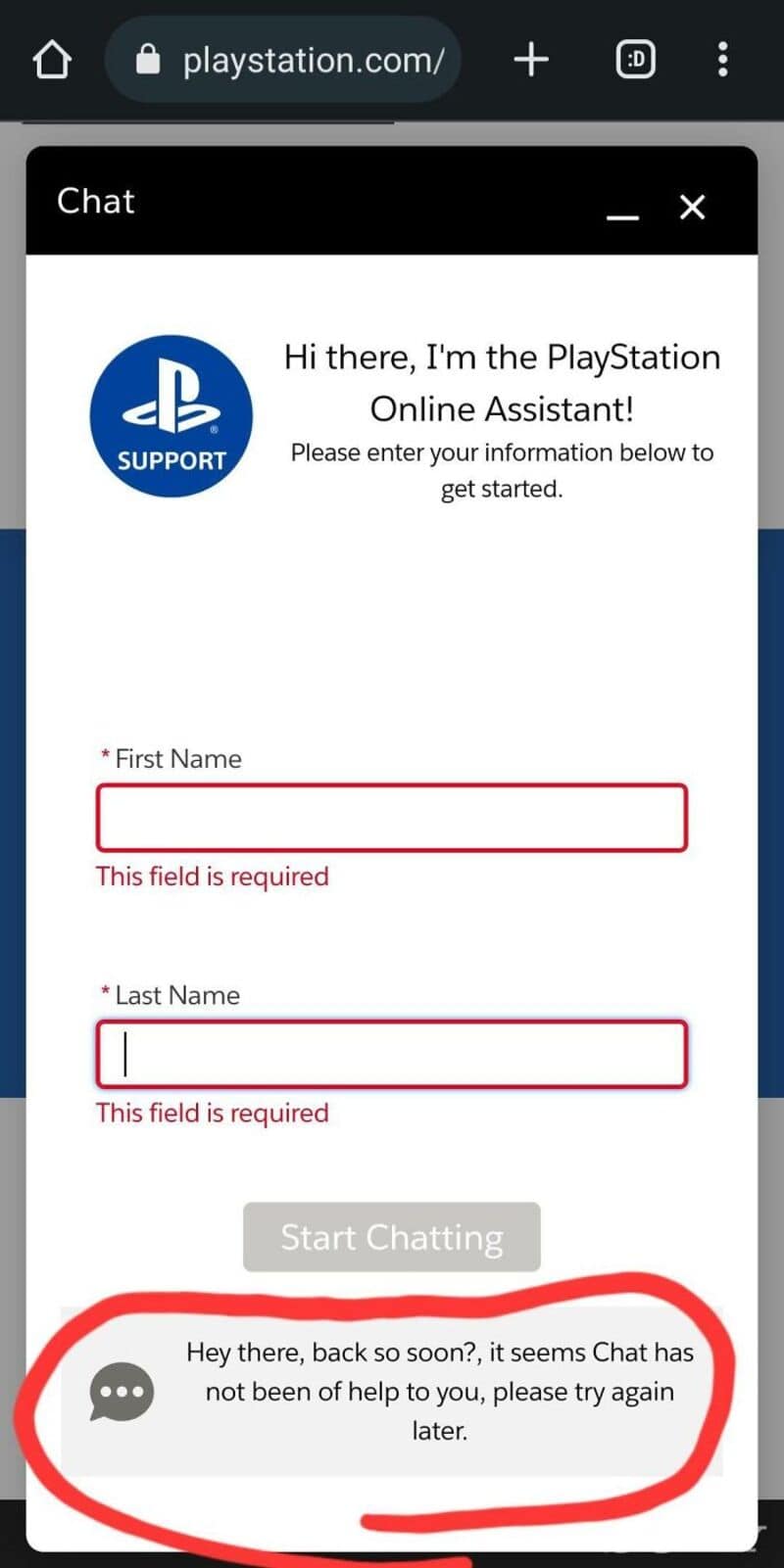 PlayStation Support chat window with a message about unhelpful chat support.