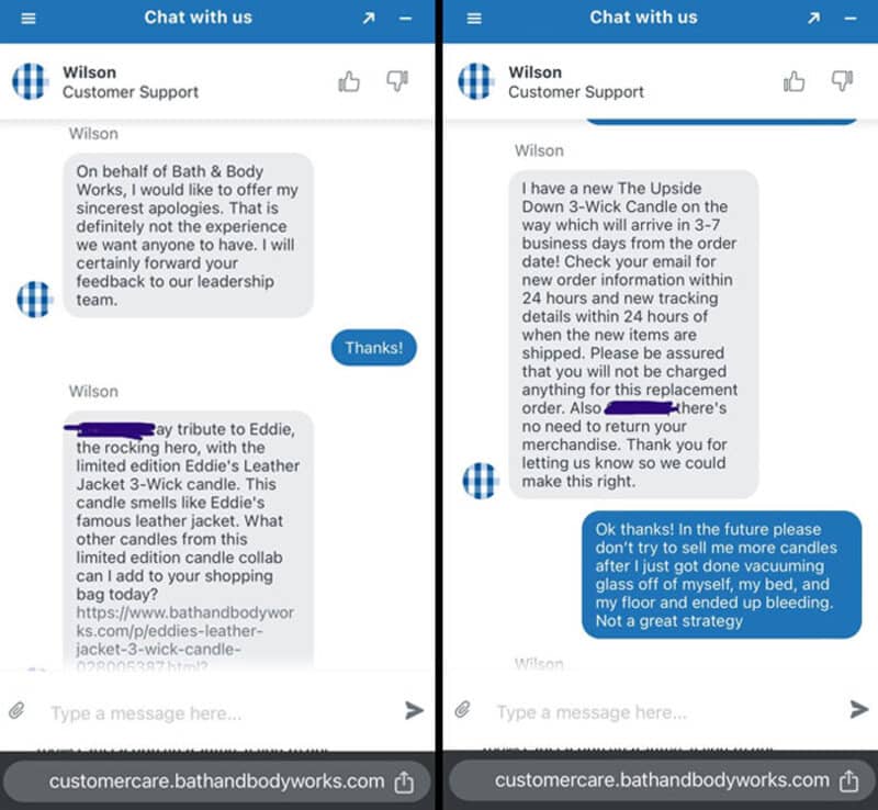 Customer support chat about a candle order and replacement process.