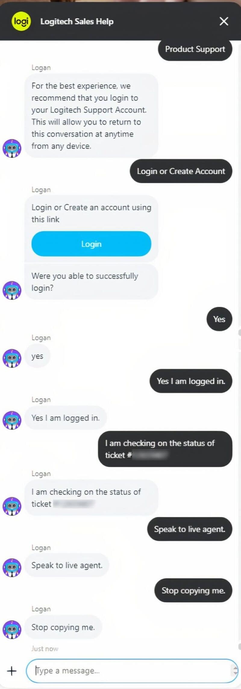 Chat support conversation with login, ticket check, and stop copying messages.
