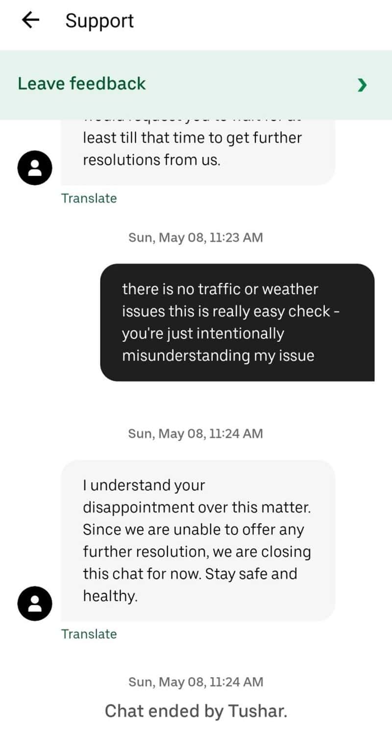 Chat support reply about traffic and weather issues, closing chat due to misunderstanding.
