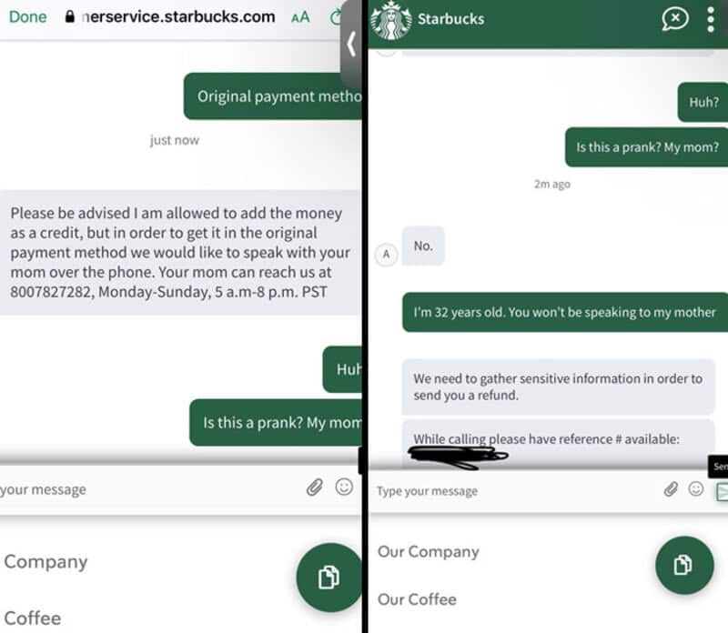 Screenshot of a chat with Starbucks support about adding money to an account and a suspicious chat.