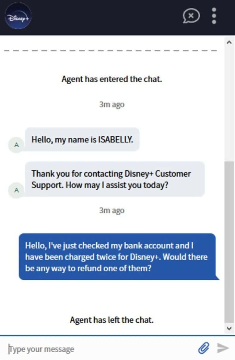 Chat support conversation with customer and agent about bank charges for Disney+.