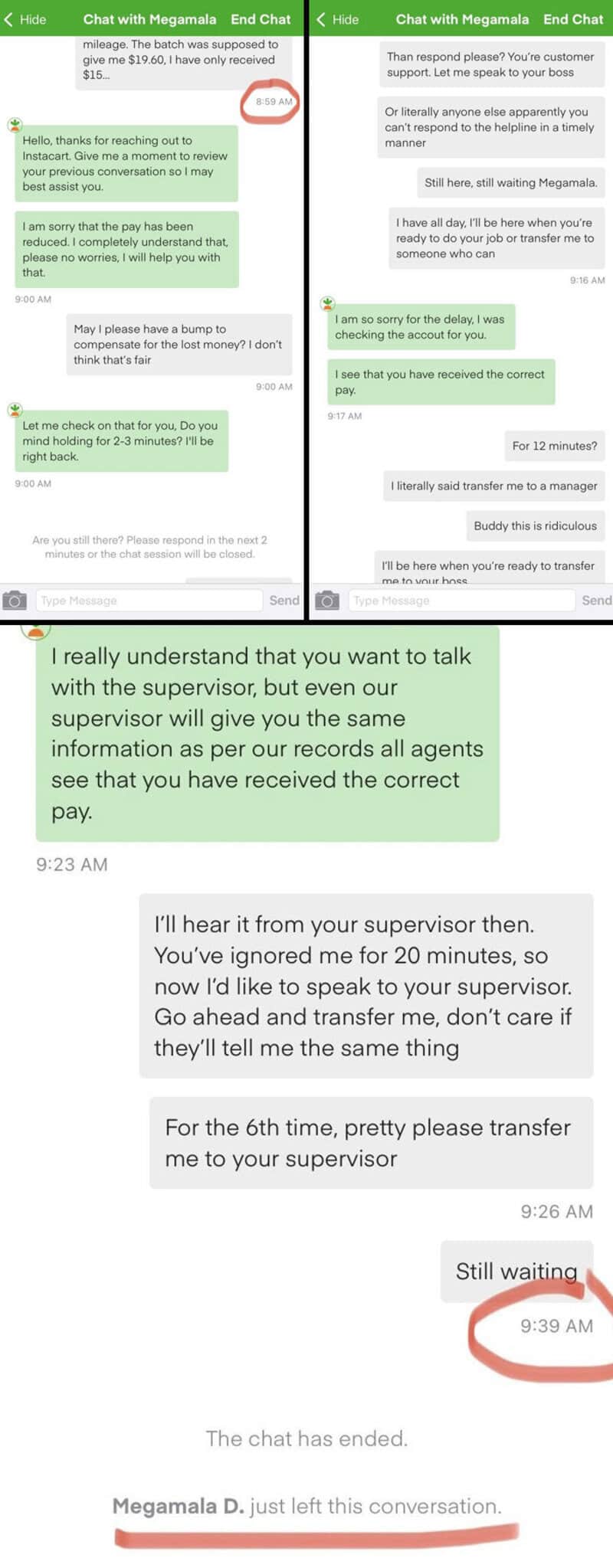 Chat with Megamama: user asks about transfer to supervisor, waiting for response.