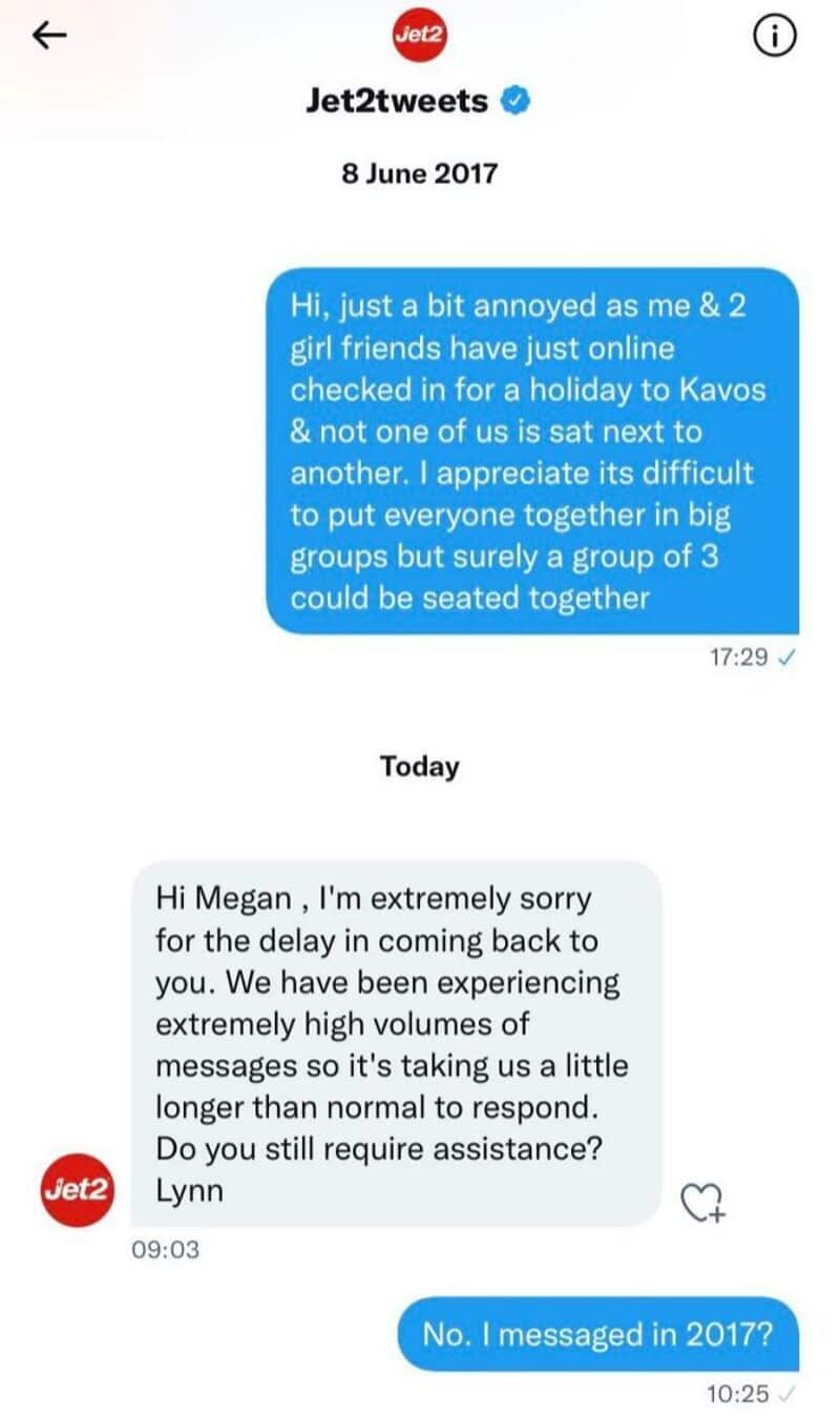Twitter message from Jet2 tweets about a delay, dated June 8, 2017.