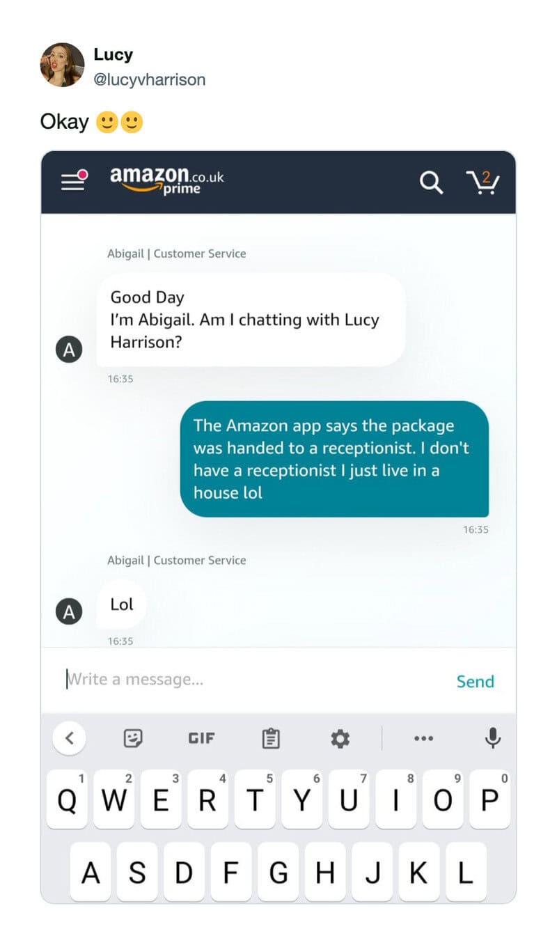Chat support conversation about package delivery and receptionist.
