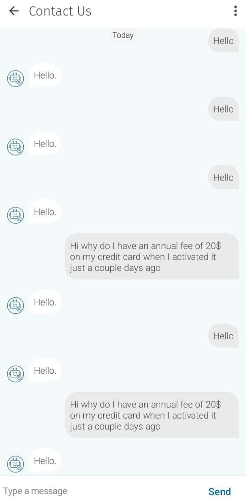 Repeated 'Hello' messages and a message about an annual fee of 20$ on credit card.