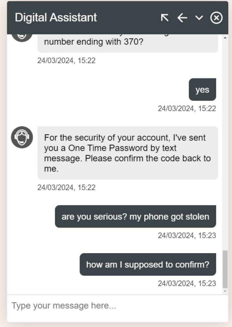 Chat support conversation about account security and phone theft.