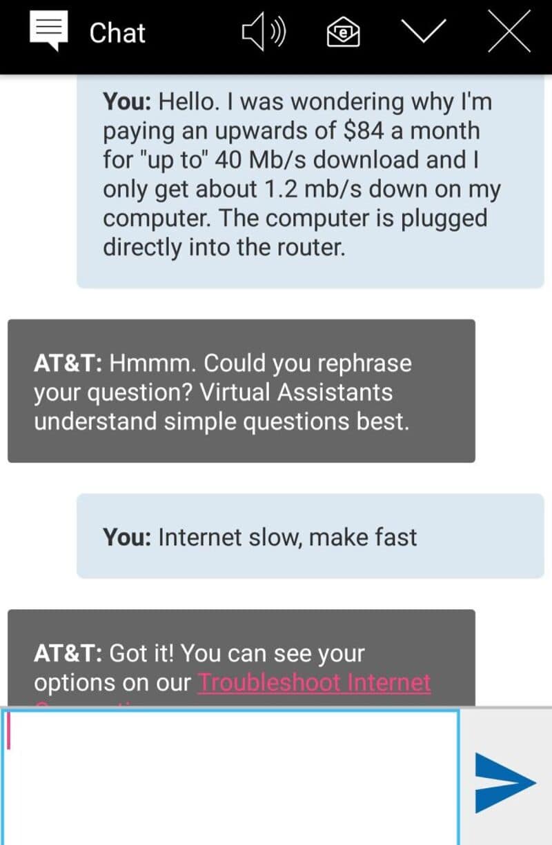 Customer asks about slow internet; support suggests rephrasing question.