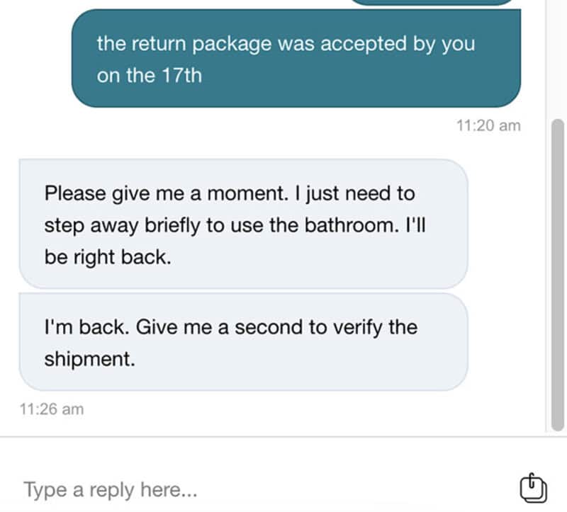 Chat support conversation about package return and verification.